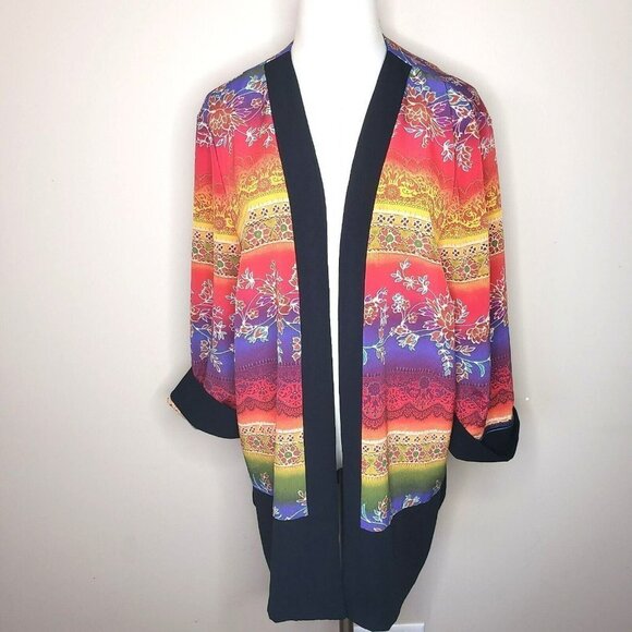Perceptions Sweaters - Vtg Colorful Open Cardigan Flowy Duster  3/4 Sleeve Rainbow Maximalism Dopamine
